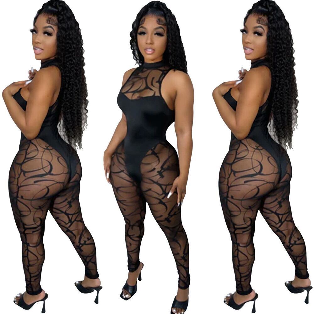 Sheer Mesh Black Jumpsuit XS-2XL | Sexy Clubwear Bodysuit One-Piece Baddie Fit